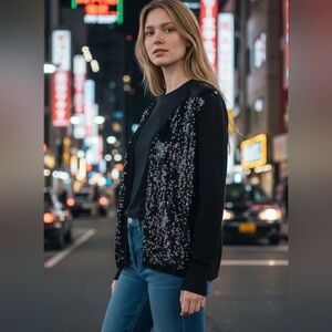 James Gries NWOT 100% Cotton Knit L Sleeve Sweater With Front Sequin Design L